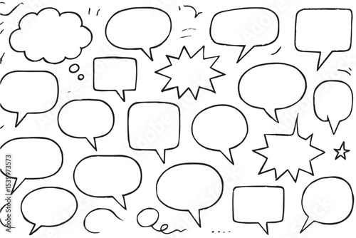 Set of various speech bubbles, thought clouds, and explosion shapes, outlined in black, perfect for graphic design, comic, or creative projects