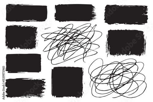 Set of expressive black ink strokes with abstract shapes, swirling lines, and uneven edges, perfect for creative design and artistic projects