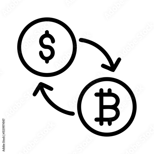 Dollar to Bitcoin Exchange Icon – Crypto Currency Conversion Symbol PNG, Finance Line Art, Digital Wallet Transfer, Blockchain Vector for Apps & Web