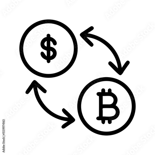 Dollar to Bitcoin Exchange Icon – Crypto Currency Conversion Symbol PNG, Finance Line Art, Digital Wallet Transfer, Blockchain Vector for Apps & Web