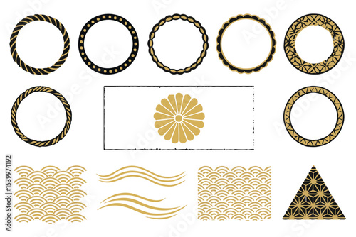 Elegant Japanese inspired geometric design featuring gold circular motifs, wave patterns, and floral accents, perfect for sophisticated and cultural designs