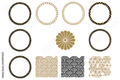 Modern Japanese design with gold and black circular patterns, waves, and geometric shapes, blending tradition and contemporary elegance