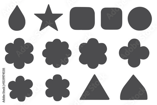 Geometric harmony with simple and bold black shapes, including stars, flowers, drops, and triangles, creating a minimalist, modern design aesthetic