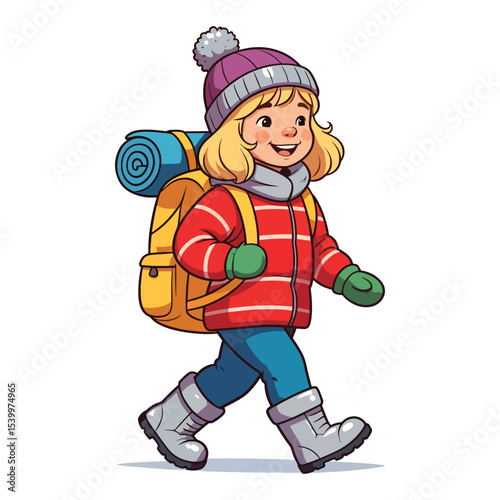 Cute Backpacker Prepared for Cold Weather Adventure in winter and christmas season