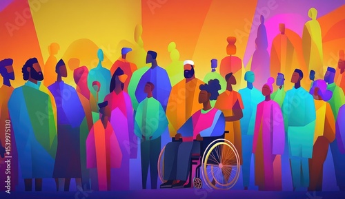 Diverse crowd, vibrant colors, person in wheelchair