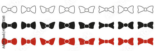 Bow Tie Icon Set In Line, Solid, And Color Styles. Fashion Accessory, Formal Wear, And Style Symbol Collection. Includes Outline, Silhouette, And Red Variations. Isolated Vector Illustration