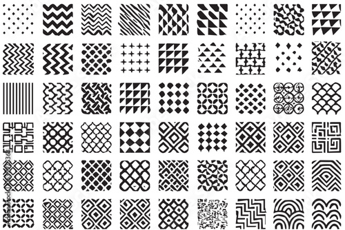Extensive collection of monochrome geometric patterns featuring abstract designs such as chequerboards, zigzags, diamonds, and intricate grids for modern use