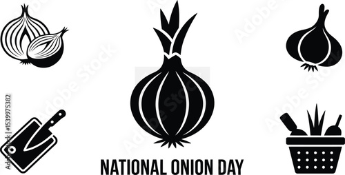 Black silhouette icon set for National Onion Day. Solid black vector pictograms featuring whole onion, sliced onion, onion rings, onion bulb, onion leaves, garlic clove, kitchen knife, cutting board, 
