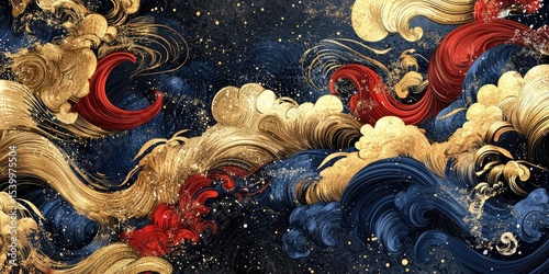Abstract swirling waves of gold, red, and navy blue, with a starry night background