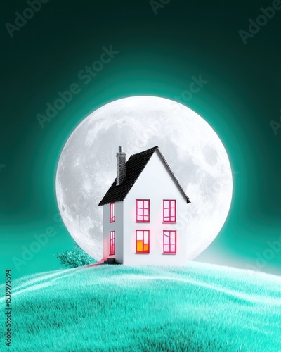White House on a Teal Hill Under a Full Moon