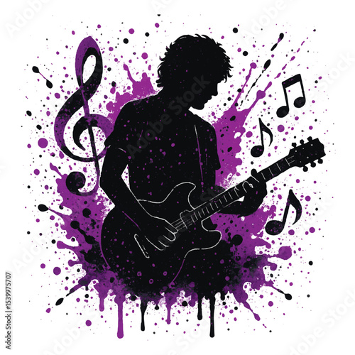 Vector illustration of a guitarist silhouette with a grunge purple paint splash background and musical notes. Dynamic rock style artwork perfect for music themes and creative designs. Isolated design.