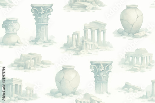 Softly painted ancient ruins featuring cracked pottery, broken columns, and weathered architectural elements, evoking the mysteries of a lost civilization