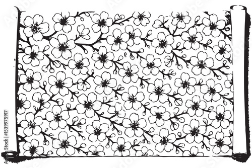 Hand drawn cherry blossom branches with intricate details, offering a timeless black and white design, ideal for spring themed and decorative artworks