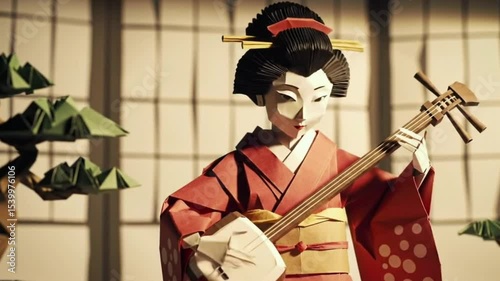Origami Geisha Girl Playing Shamisen in Japanese Scenery