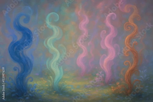 Abstract vapor garden with swirling colorful mist in hues of blue, green, pink, and orange, evoking a surreal and mystical feeling in a natural setting