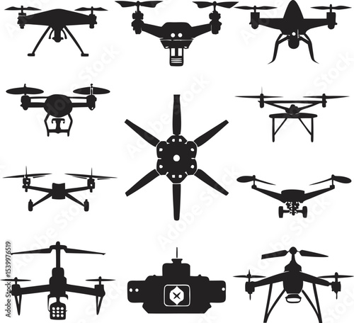 This collection of black and white images displays various illustrations of drones, some with multiple propellers and cameras, in different flight positions.