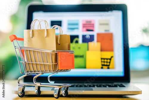 Miniature shopping cart with brown paper bags on a laptop, online shopping concept