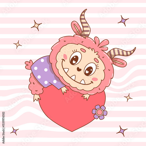 Cute Pink Monster with Heart. Cool Funny kawaii horned Character on Groovy Distorted Stripe Background. Vector illustration. Kids collection for sticker, mascot and design