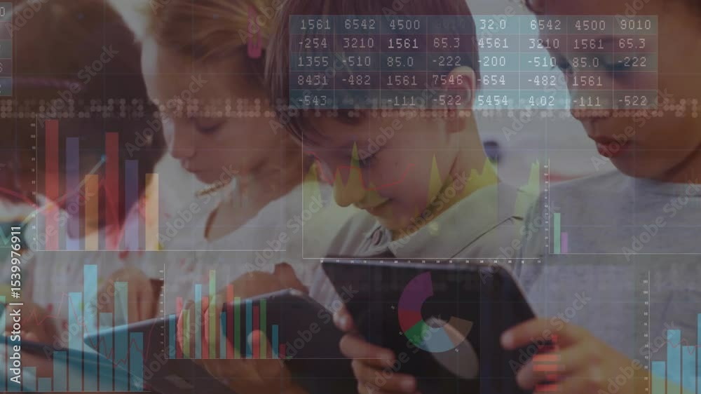 Children raising tablets and tapping in classroom, activating animated data charts for learning