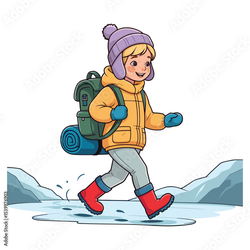 Cute Backpacker Prepared for Cold Weather Adventure in winter and christmas season