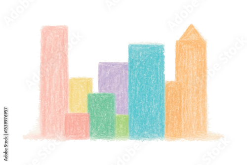 Abstract pastel crayon city skyline with colorful buildings in soft shades, ideal for design projects and creative visual concepts