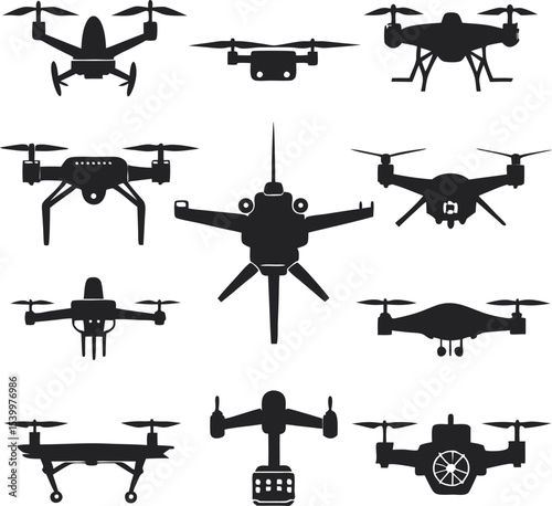 This collection of black and white images displays various illustrations of drones, some with multiple propellers and cameras, in different flight positions.