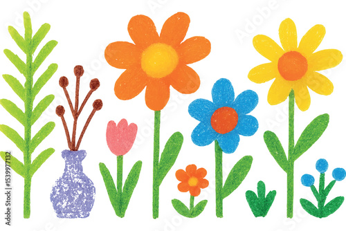 vibrant flower garden with a variety of colorful blooms, including orange, yellow, and blue flowers, in a child like drawing style