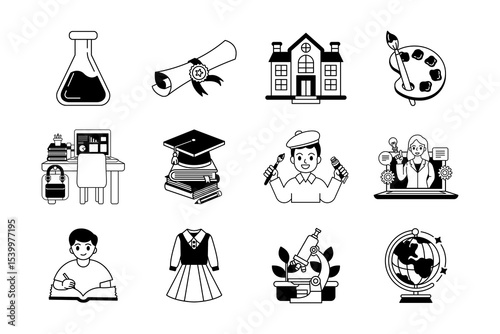 black and white illustration items of school collection