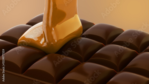 Golden Caramel Falling Over Chocolate Bar in Slow Motion