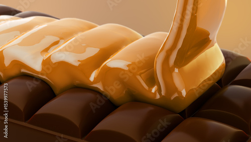 Golden Caramel Falling Over Chocolate Bar in Slow Motion