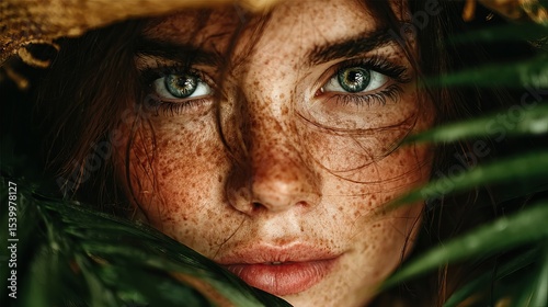 Portrait of young woman with flawless skin among tropical leaves Natural skincare concept Beauty and wellness background