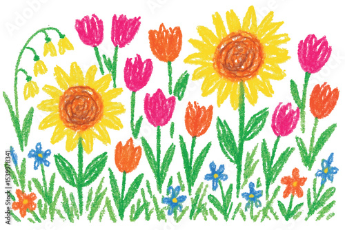 Cheerful and colorful crayon drawn flower garden with a mix of tulips, sunflowers, and blue flowers, creating a lively and playful springtime scene