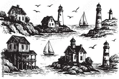 vintage illustration of lighthouses, coastal cottages, and sailboats, creating a nostalgic seaside scene with birds and ocean waves