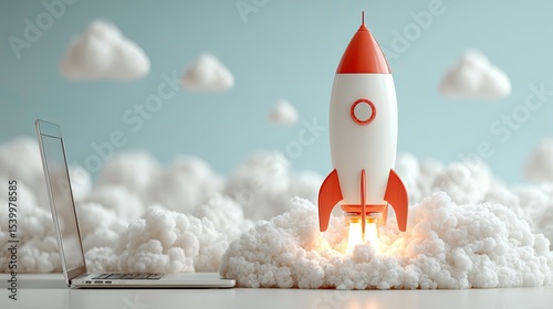 Realistic style startup banner with rocket laptop clouds 3D illustration with digital project launch scene and space background