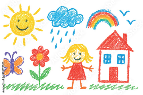 Colorful childhood sketch featuring a sun, rainbow, flowers, a butterfly, a house, and a smiling girl, all drawn in vibrant crayon colors