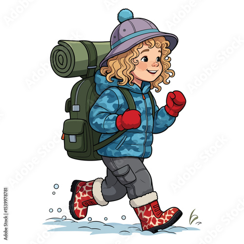 Cute Backpacker Prepared for Cold Weather Adventure in winter and christmas season