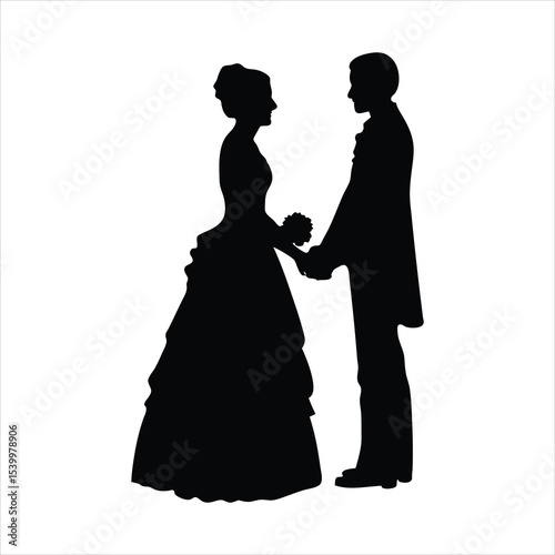 Silhouette Wedding Couple Holding Hands – Bride and Groom Vector Art