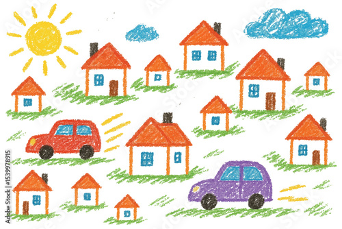 Whimsical crayon sketch of a lively village with sun, clouds, colorful houses, cars, and green grass, creating a cheerful and imaginative scene