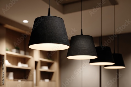 Wallpaper Mural Three black fabric pendant lights illuminate a minimalist interior with warm, soft light against a blurred backdrop of light wood shelving Torontodigital.ca