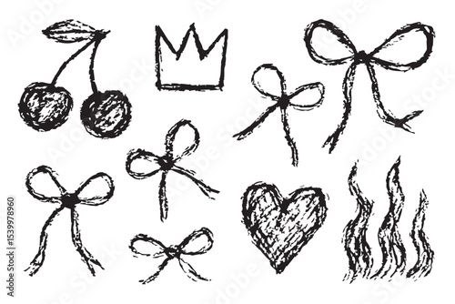 Bold charcoal illustrations featuring playful doodles of cherries, hearts, ribbons, flames, crowns, and flowers, creating a chaotic yet artistic design