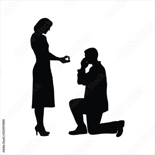 Romantic Silhouette Proposal Vector – Man Kneeling with Ring to Woman in Gown