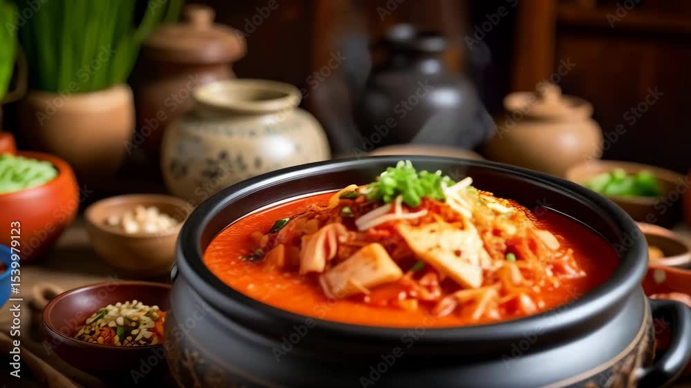 Steaming bowl of spicy kimchi stew, earthenware pots, fresh herbs, authentic Korean cuisine on wooden table, rustic, traditional meal presentation
