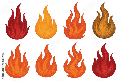 Collection stylized fiery flames in various colors and shapes, ideal for illustrations, graphics, and visual designs focused on fire and heat