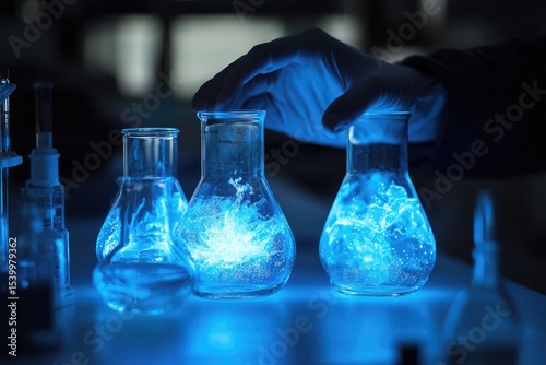 A gloved hand hovers over glowing blue chemical beakers in a laboratory setting