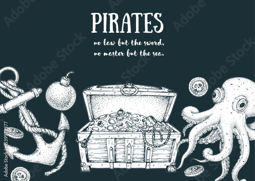 Pirate adventure frame. Hand drawn vector illustration. Sea design template. Sketch elements for pirate-marine theme design. Sunken treasure sketch.
