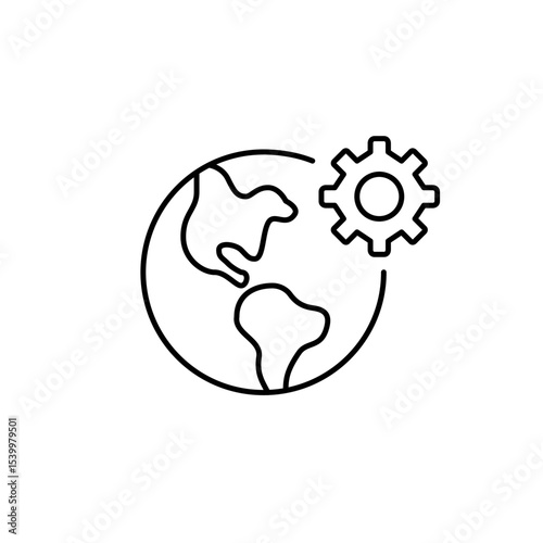 Earth and cogwheel. Global settings, environmental management, worldwide system configuration, international operations, sustainable technology, earth system optimization. Pixel perfect, editable stro