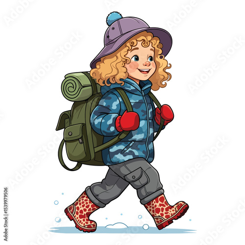 Cute Backpacker Prepared for Cold Weather Adventure in winter and christmas season
