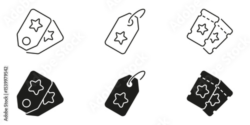 Star Tag And Ticket Line and Silhouette Icon Set. Discount Labels And Event Admission Symbols Collection. Retail Pricing And Entertainment Access Symbols. Isolated Vector Illustration