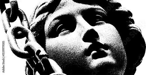 Mysterious angel bust with crown and chains in high contrast black and white