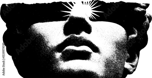 Cracked apollo statue with sunglasses and sunburst tattoo design for modern art projects